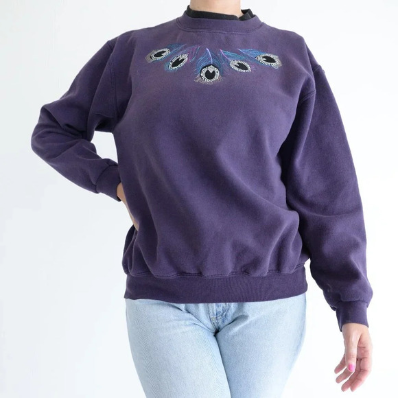 Vintage Top Stitch by Morning  Sun Purple Peacock Feathers Crewneck Sweater M - Picture 1 of 14